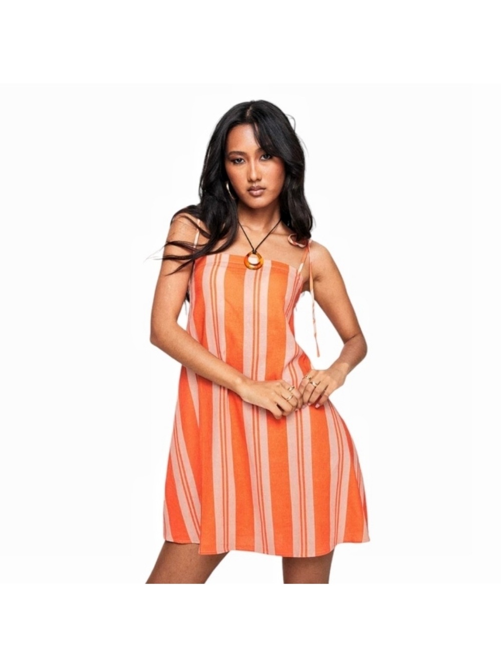 Princess Polly Orange & Cream Striped Linen Mini Sundress